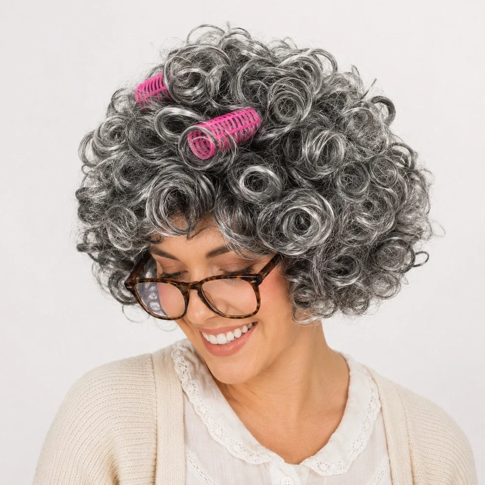 Old Lady Grandma Wig Gray Curly Pink Rollers Granny Costume Halloween 100 Day